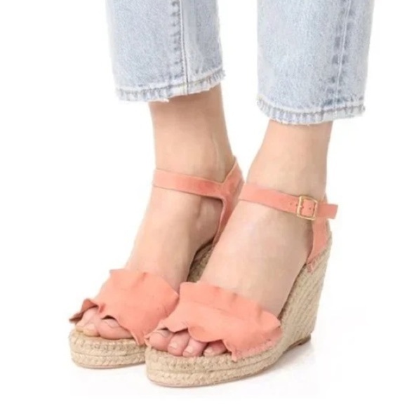 Loeffler Randall Peach Pink Gabby Suede Ruffle Espadrille Sandals BWOB Size 7.5 - Picture 1 of 12